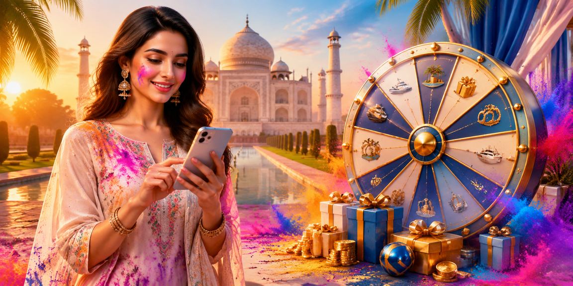 Lottery ticket sales near Taj Mahal with festive decorations